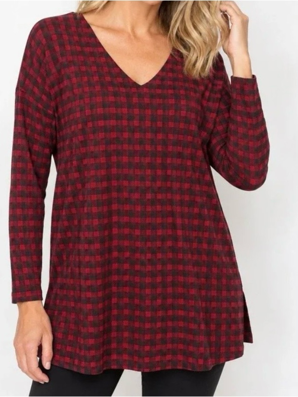 J.Jill Simply Supima V-Neck Tunic Red Black Check Size Large